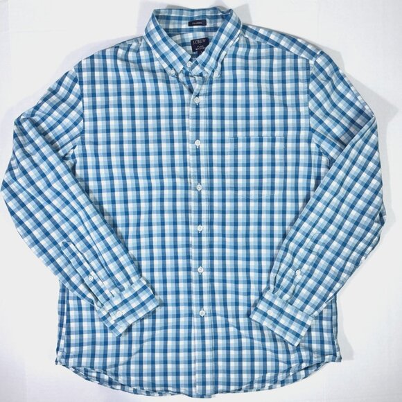 J Crew Button Down Flex Washed Shirt Mens Classic Lg Turquoise Plaid Preppy - Picture 1 of 11